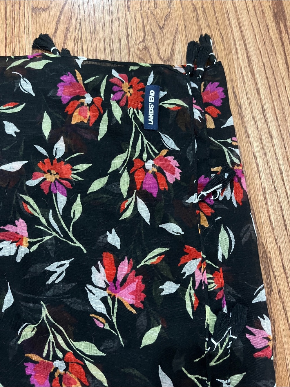 Lands' End Black Floral Swim Sarong with Pink, Red and Green Accents
